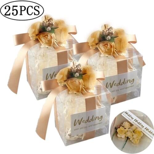 25pcs PVC Candy Box Birthday Party Event baby shower Decor Wedding Favor Party Supply bridesmaid Gift Bag Box with Ribbon Flower