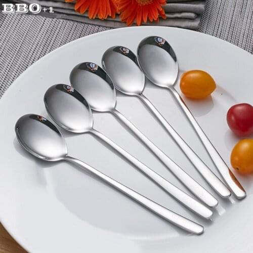 5pcs 304 Long Handle Dinner Spoons Stainless Steel Korean Coffee Teaspoon Dessert Mixing Spoon Round Soup Tablespoon 8'' 20.5cm