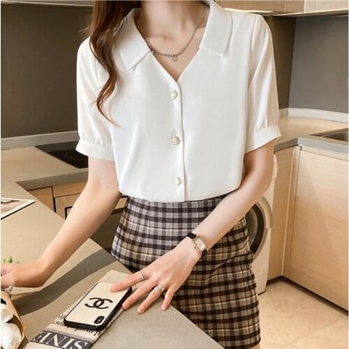 White Blouse V-Neck Chiffon Shirt Women Clothes Short Sleeve Button Woman Shirts Summer Womens Tops Korean Fashion Chemisier