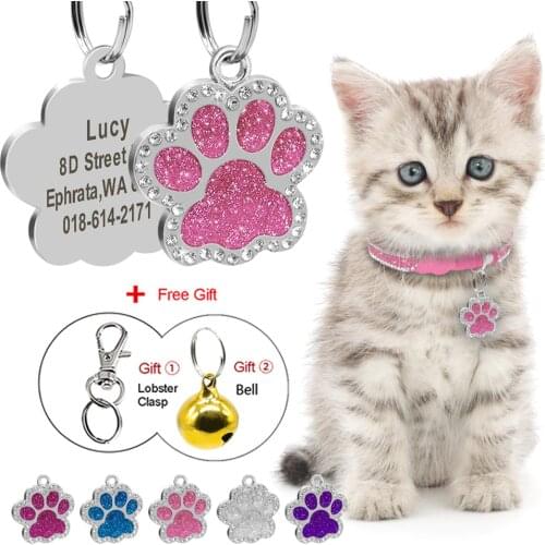 Glitter Cat ID Tag Pendant Personalized Kitten Puppy Name Tags Paw Shape Anti-lost Pet Nameplate Bling Rhinestone Free Gift Bell