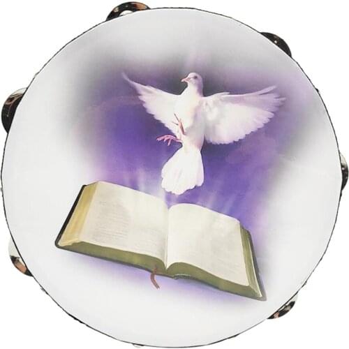 1Piece 8inch tambourine Wood body with quality plastic drumhead Drum with bible pattern for church and other holy occasion