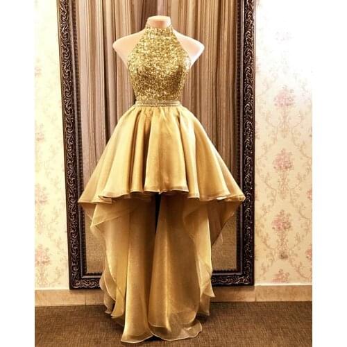 Gold High Low Sequin Organza Prom Dresses 2021 Halter Backless Formal Evening Party Gown Dress Robe De Soiree