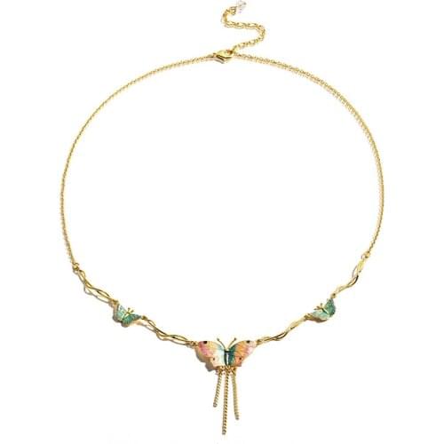 European and American Design Hand-painted Enamel Color Glaze Sweet Girl Tassel Butterfly Decoration Clavicle Chain Necklace