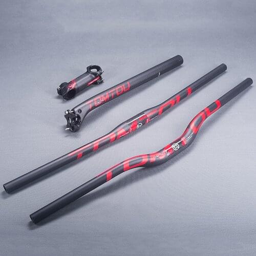 TOMTOU 3K Carbon MTB Bicycle Rise Flat Handlebar Stem Setback Seatpost Mountain Bike Bars Sets Matte Red - TR2T43