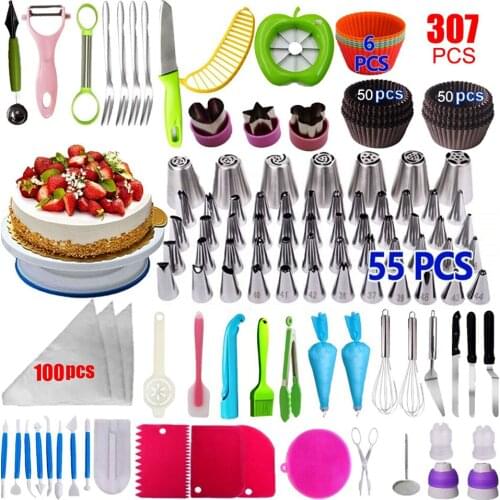 Transhome Fruit Cake Decorating Tips 307pcs/set Cake Turntable Pastry Nozzles Converter Confectionery Bag Baking Tools For Cakes