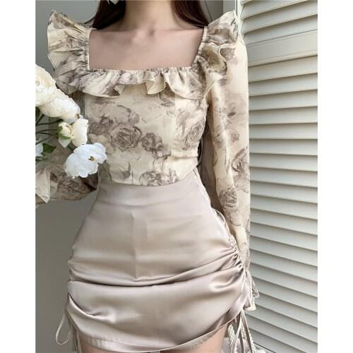 Watermark flower falbala show thin and easy broken beautiful chiffon blouse collar + satin draw string bag hip