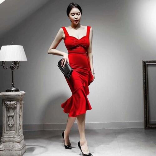 Summer Red Spaghetti Strap V Neck Ruffles Bodycon Dress Women Lady Bandage Dress Elegant Sexy Party High-end Dresses Vestidos