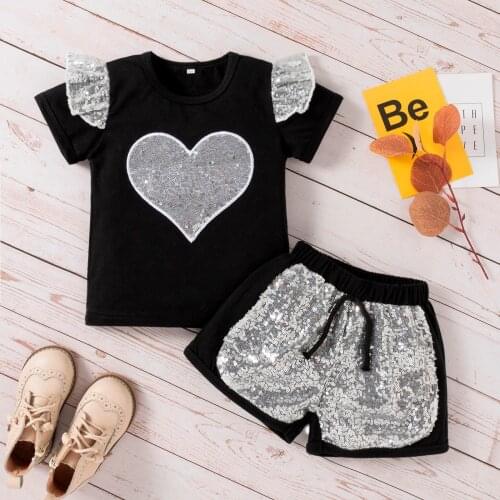Fashion Toddler Infant Kids Baby Girls Clothes Summer 2 Pieces Lace Short Sleeve Sequin T-Shirt Tops Short Party Outfits Set#g4