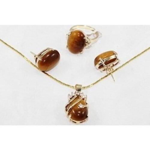 Inlay Tigers Eye Necklace Earring Ring jewelry set