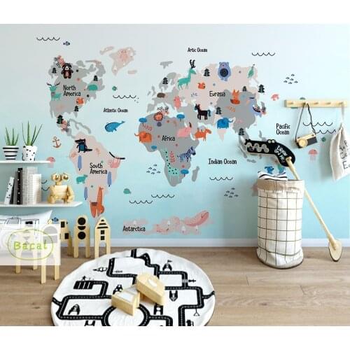 Bacal Custom Children Room Wall 3d Wallpaper Cartoon Airplane Sailing Animals World Map Background Wall 3d wallpaper mural decor