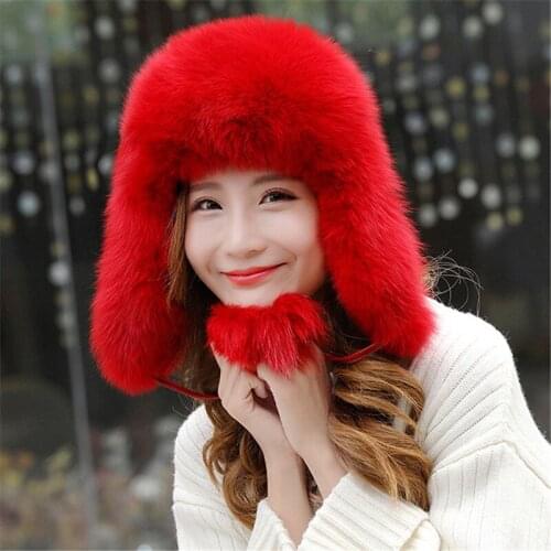 2019 New Leather Fox Fur Hat Female Models Warm Fur Pilot Hat Fox Fur Ball Velvet Protective Cover Silver Fox Fur Top Hat