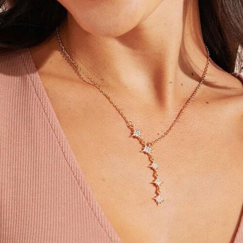 Fashion Shiny Crystal Star Geometry Tassel Pendant Clavicle Necklace Women Charm Gold Party Necklace Jewelry