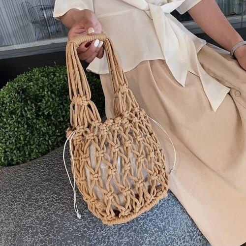Casual Hollow Rope Woven Women Handbags Fishnet Straw Bags Summer Beach Shoulder Bag Large Capacity Tote Big Bucket Purses 2021