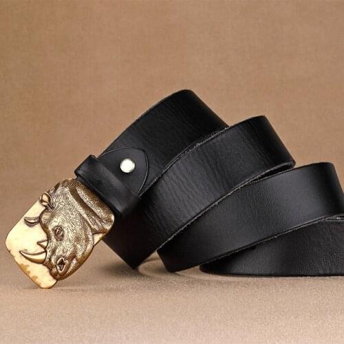 Motorcycle Mens Womens Belts Metal Rhinoceros Smooth Buckle Luxury First Layer Cowhide High-end Locomotive Belts Fashion Gifts