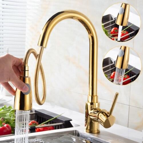 European Polish Gold Kitchen Faucet Removable Brass Gold Sink Kitchen Sink Faucet Under The Table Basin Pull Out Faucet