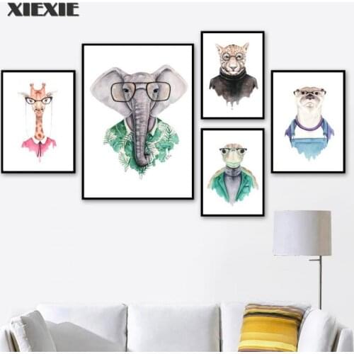 Elephant Lion Cheetah Giraffe Yak with Glasses Canvas Painting Wall Art Nordic Posters and Prints Animal Pictures Boy Room Decor