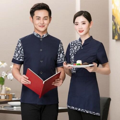 Short Sleeve Fast Food Restaurant Workwear Waiter Summer Hot Pot Restaurant Tea House Uniform Coat Women Catering Overalls H2154