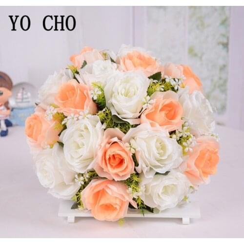 YO CHO Wedding Mini Bouquet Artificial Flower 18 Heads Silk Rose Champagne Girl Flower Bunch Wedding Home Table Wall Decoration