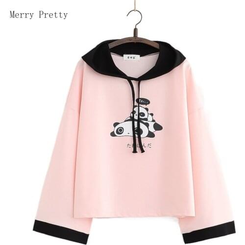 Panda Print Cute Cotton Hooded Sweatshirts For Women Long Sleeve Drawstring Hoodies Sweet Style Tops 2021 Summer Kawaii Clothes