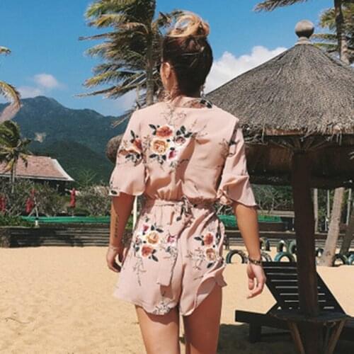 Summer Jumpsuits Short Sleeve Bohemia Floral Print V-Neck Beach Vacation Belt Chiffon Big Size 2019 Top Fashion Clothes