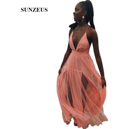 Criss-cross Spaghetti Straps Back Sexy Prom Dress Deep V Neck Simple Pink Party Gowns Long Tulle Vestidos Para Formatura