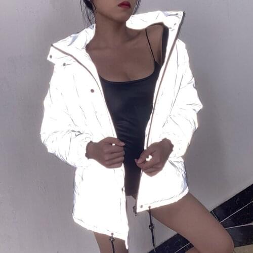 Winter Warm Reflective Gray Jackets Zipper Oversized Women Long Sleeve Button Loose Thick Cropped Fashion Streetwear Coat