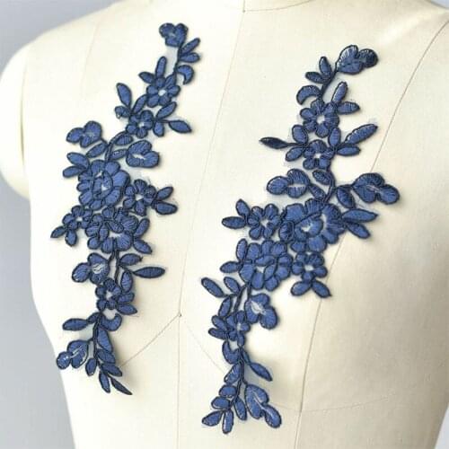 1 Pair=2PCS 24*8cm Embroidery lace decals lace trim DIY wedding dress navy blue