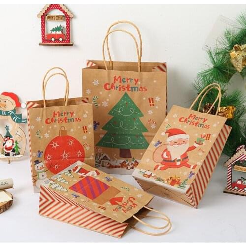 100Pcs/Lot Christmas Paper Gift Bags Kraft Paper Bags with Handles and Tags for Christmas Party Decor Christmas Goody Treat Bags
