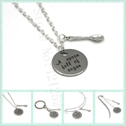 12pcs/lot A Spoon Full of Sugar necklace bracelet keyring bookmark cute spoon fashion necklace