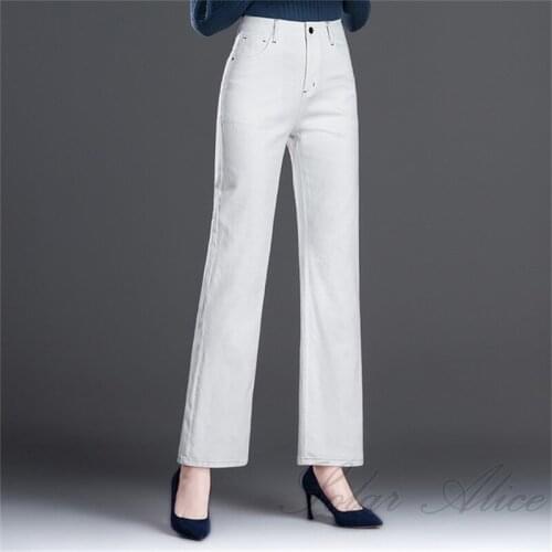 Free shipping 2020 womens new high-waist straight-leg jeans loose and thin plus size white mother pants