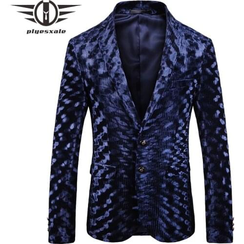 Plyesxale Blue Velvet Blazer Men 4-5XL Plus Size Blazer For Men Unique Mens Blazers Casual Suit Jacket Slim Fit Prom Dress Q120