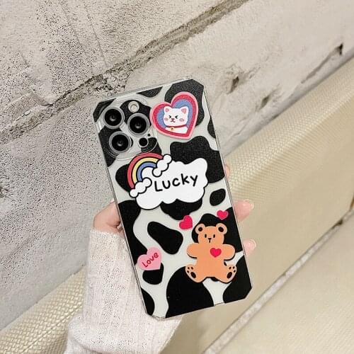 Retro sweet Cow print kawaii bear art japanese Phone Case For iPhone 11 12 Pro Max Xr Xs Max 7 8 Plus 7Plus case Cute Soft Cover