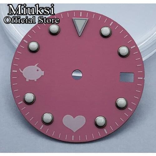 Miuksi 28.5mm pink watch dial green luminous dial fit NH35 movement