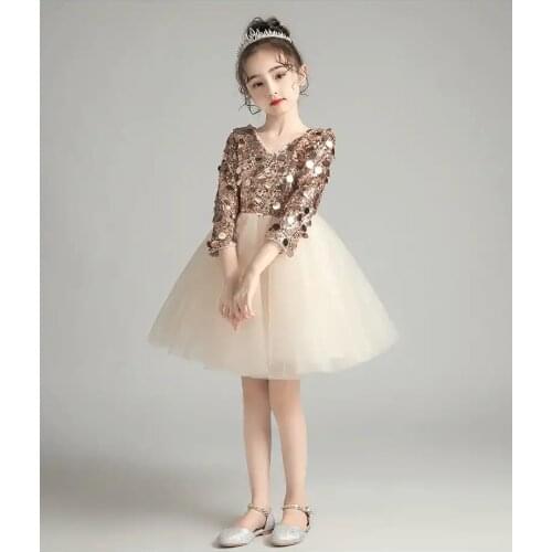 Champagne Tulle Sequin V-Neck Flower Girl Wedding Gown Evening Kids Dress Birthday Children Prom Princess Party Formal Costume