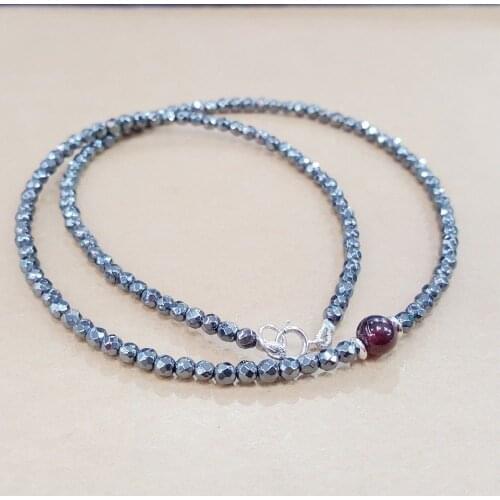 Natural Stone Hematites 3mm Faceted Beads & Garnet 5mm Tibetan Silver Delicate Necklace 16inches