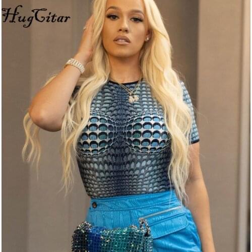 Hugcitar 2021 Short Sleeves Sexy Bodycon O Neck T Shirt Summer Women Fashion Club Snake Print Club Clothes Y2K Robe Beach