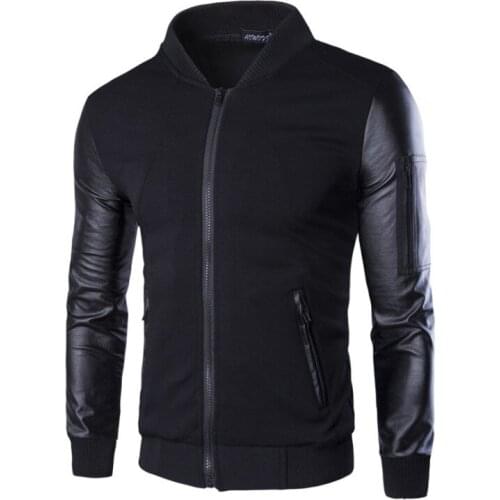 Spring Jacket Male England Style PU Leather Patchwork Zippers Jacket New Stand Collar Men Jackets Short Coats Grey Black