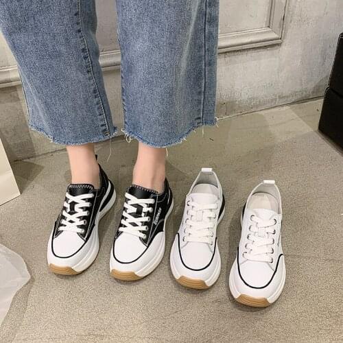 Fashion Thick Bottom Womens Vulcanized Shoes Genuine Leather Sports White Shoes New Round Head Lace Casual Womens Flat Shoes
