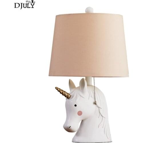 Cartoon children Horse horn resin fabric table lamp for kids bedroom study art deco bedside luminaire led desk light fixtures