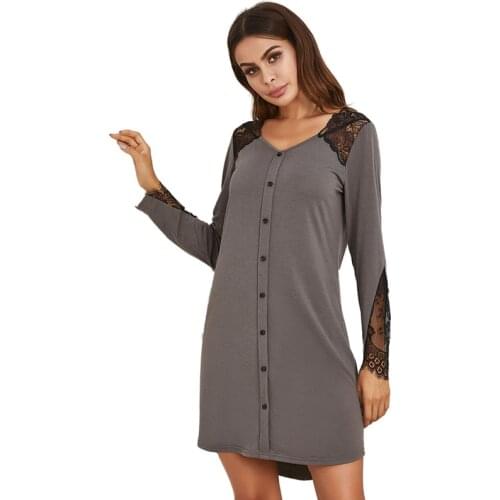 Soft Women Sexy Cotton Solid Color Lace Stitching V Neck Short Sleeve Nightdress Lingerie Home Clothing