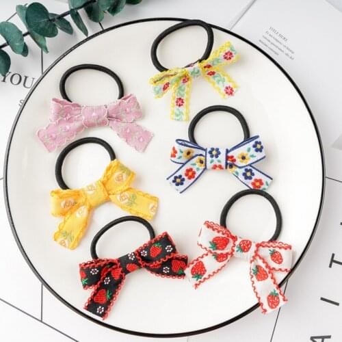 New Childrens Bow Hair Rope National Wind Embroidery Cute Small Crushed Strawberry Multi-color Hair Ring Head Rope