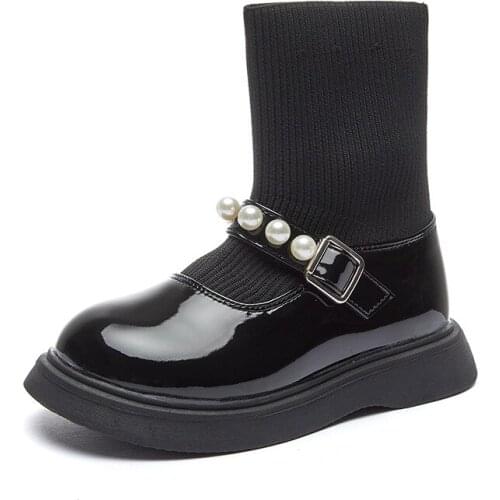 2021 Autumn Childrens Pearl Boots Girl Knit Set Foot Princess Boots Childrens Single Boots Pearl Sweet Cute Fashion Hot Chic