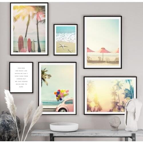 Beach Coconut Tree Car Surfboard Balloon Wall Art Canvas Painting Nordic Posters And Prints Wall Pictures For Living Room Decor