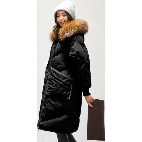 Down jacket hooded, Korean parka, winter for women, with raccoon fur collar, long coat, loose parkas