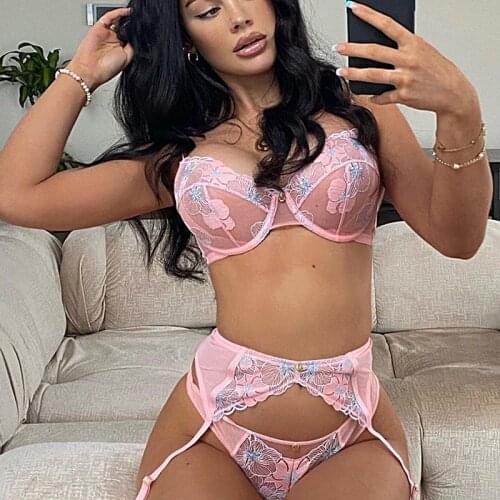 Sexy Lace Lingerie Set Floral See Through Bra Panty Nightwear Transparent Pink Underwear Women Embroidery Erotic Underwear Sex