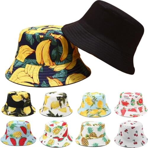 Women Summer Bucket Hats Two Side Reversible Sun Hat Beach Cotton Fruit Cherry Print New Hip Hop 2021 Panama Outdoor Harajuku