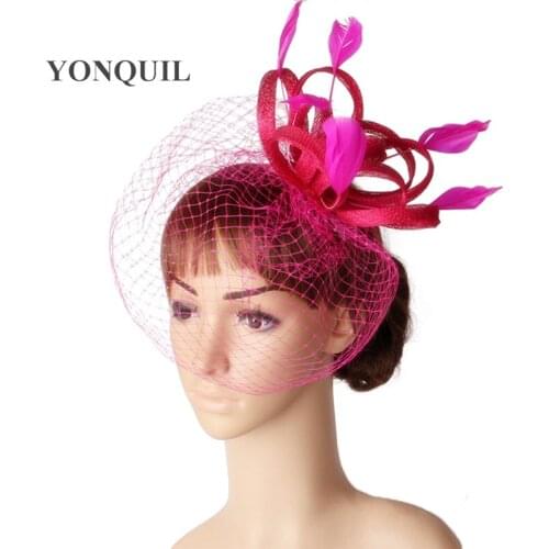 Sinamay Trim with Bridal Veil Adorned Fascinator Headwear Wedding Headpiece Cocktail Hair Accessories Women Party Hats 17 Colors