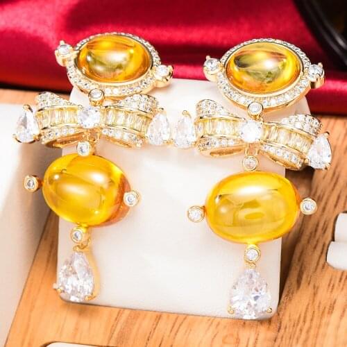 SORAMOORE Gorgeous Trendy Round Yellow amber Dangle Earrings for Women Bridal Luxury Jewelry Ladies Daily New Fashion