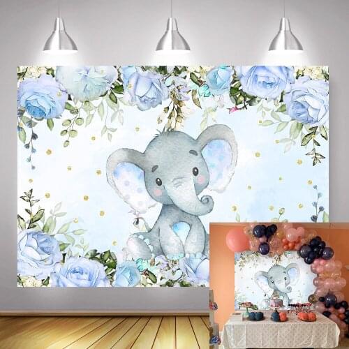 Light Blue Flowers Elephant Birthday Party Banner Backdrop Decor Floral Newborn Little Elephant Baby Shower Photo Background