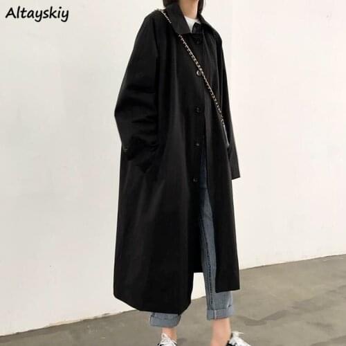 Black Trench Women Long Coat Fashion Windbreaker All-match Spring Outwear Vintage Streetwear Womens Clothing Harajuku Korean Ins